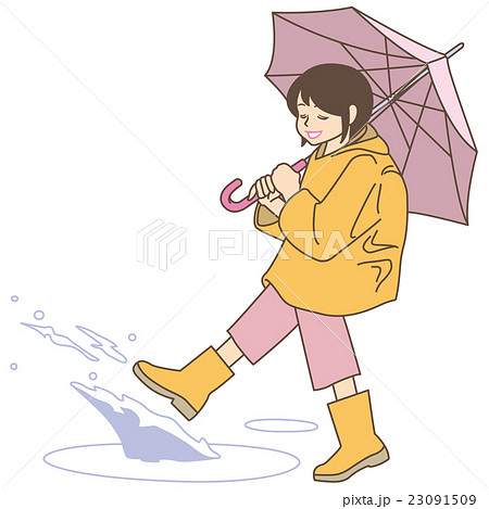 水溜まりを蹴って遊ぶ小学生の女の子 レインコート 水たまり 水飛沫 のイラスト素材