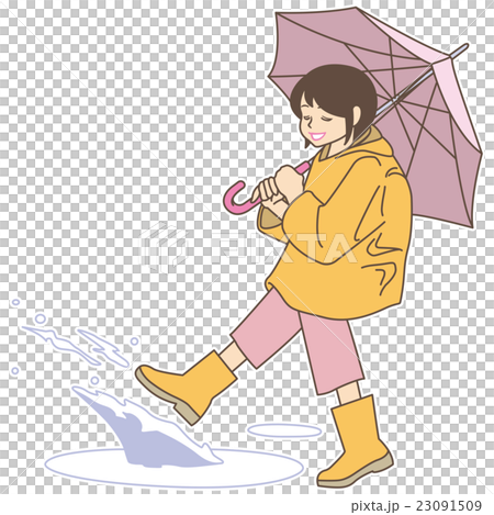 使用與踢池的小學女孩。 （雨衣+水坑+水濺） 23091509