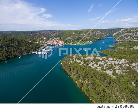 Aerial view of old town Skradin at the Krka river Aerial view of old town Skradin at the Krka river 23099699