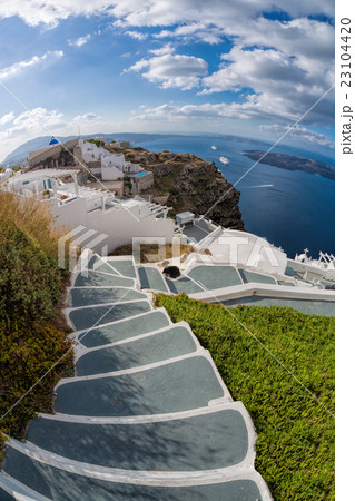 Santorini island with staircase in Greece 23104420