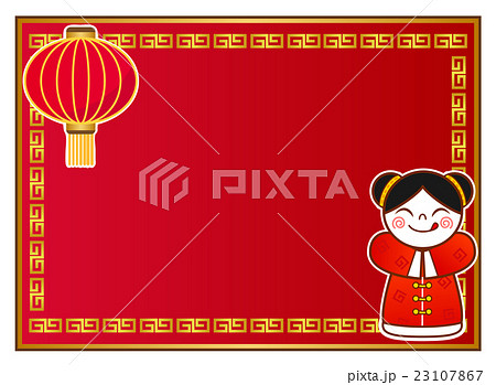中国伝統衣装を着た女の子と中華風背景のイラスト素材