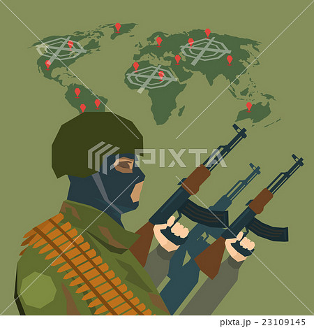 Armed Terrorist Over World Map Terrorism Concept 23109145