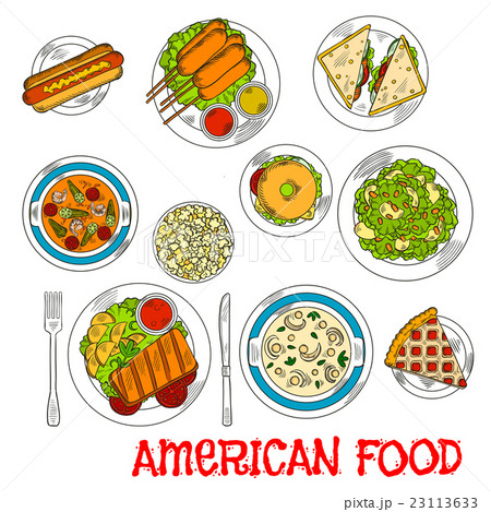 Famous Main And Dessert Dishes Of American Cuisineのイラスト素材 Famous Main And Dessert Dishes Of American Cuisineのイラスト素材
