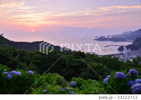 松崎牛原山アジサイの丘と夕陽 松崎牛原山アジサイの丘と夕陽 23122711