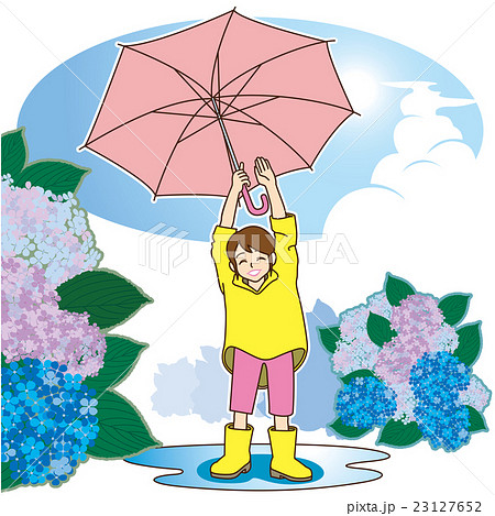 傘を振り上げて雨が降り止んだことを喜ぶ小学生の女の子 レインコート 水溜り 青い空 アジサイ のイラスト素材