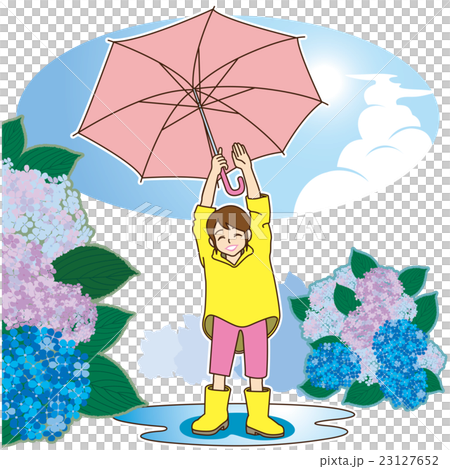 Elementary school girls (Raincoat + Puddle + Blue Sky + Hydrangea) who raise an umbrella and rejoice that rain has stopped 23127652
