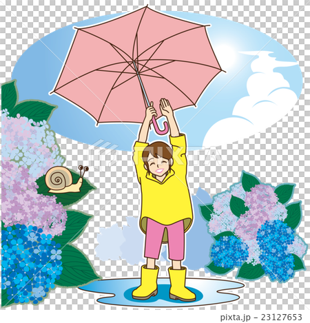 Elementary school girl who raised an umbrella and pleased that rain stopped (raincoat + water pool + blue sky + hydrangea + snail) Elementary school girl who raised an umbrella and pleased that rain stopped (raincoat + water pool + blue sky + hydrangea + snail) 23127653