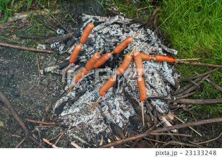 grilled sausages on camp fire grilled sausages on camp fire 23133248