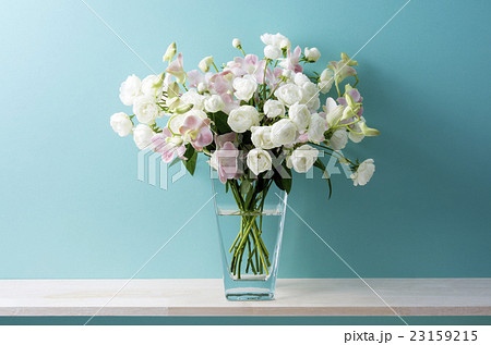 青い背景と白い薔薇とピンクのデンファレ 23159215