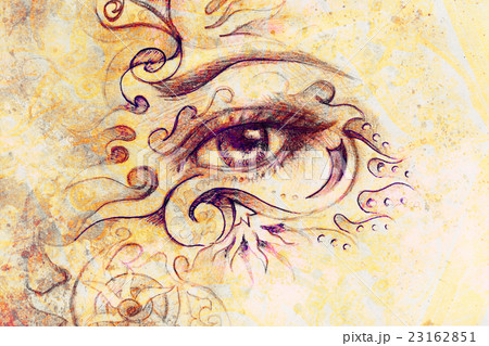 woman eye with ornament, pencil drawing, eye woman eye with ornament, pencil drawing, eye 23162851