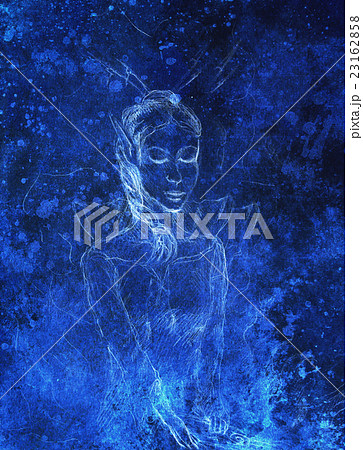 Drawing of elf woman, pencil sketch on paper, blue Drawing of elf woman, pencil sketch on paper, blue 23162858