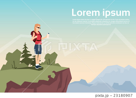 Traveler Woman Stand On Hill Hiker Rucksack Nature 23180907