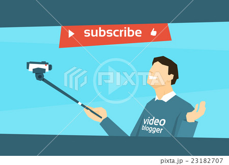 Man Blogger Hold Camera Tripod Video Blog Man Blogger Hold Camera Tripod Video Blog 23182707