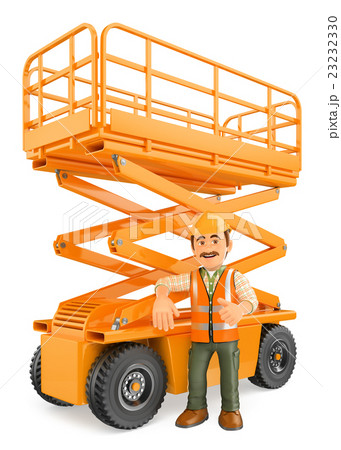 3D Construction worker with a scissor lift 23232330
