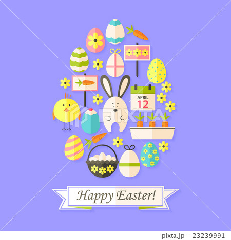 Easter Holiday Card with Flat Icons Set Egg shaped Easter Holiday Card with Flat Icons Set Egg shaped 23239991
