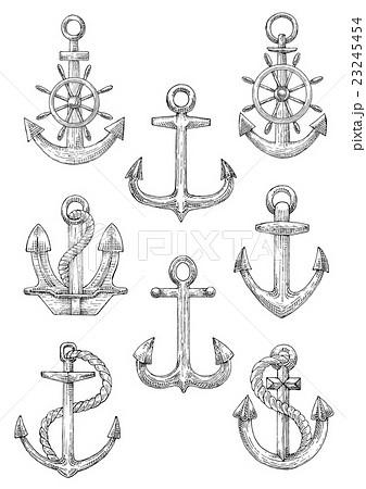 Engraving sketched anchors with helms and ropes 23245454