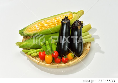 夏野菜の収穫イメージ 内容はとうもろこし ナス オクラ ミニトマト アスパラガスです の写真素材 夏野菜の収穫イメージ 内容はとうもろこし ナス オクラ ミニトマト アスパラガスです の写真素材