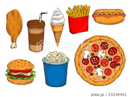 Sketches of fast food lunch with coffee, ice cream 23246401