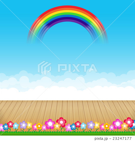 Brown wood floor with flower and blue sky rainbow Brown wood floor with flower and blue sky rainbow 23247177