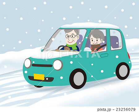老夫婦ドライブ 雪道笑顔 青緑のイラスト素材