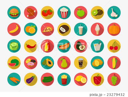 Color food icons set. Fruits and Vegetables icons. 23279432