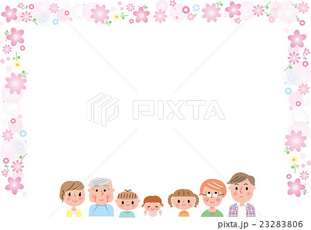 家族　子供　大人　お年寄り　花の罫線　笑顔　コピースペース 23283806