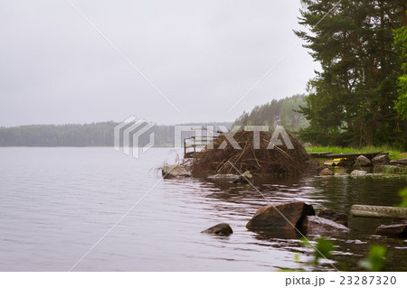 Wooden boat pier on lake. Campsite, Lappeenranta 23287320