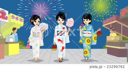 浴衣の女性 三人 夏祭りのイラスト素材