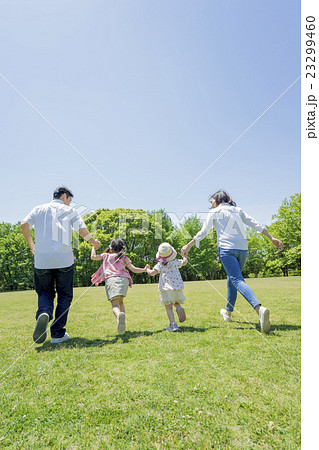 新緑の公園を歩く4人家族の後ろ姿の写真素材