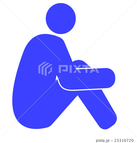 膝を抱える人のイラスト 右向き 青のイラスト素材