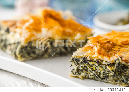 Greek pie spanakopita on the plate with blurred Greek pie spanakopita on the plate with blurred 23313813