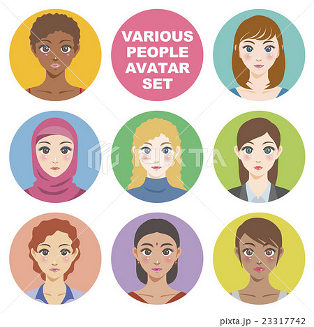 様々な国や人種の女性 顔アイコン アバターのイラスト素材