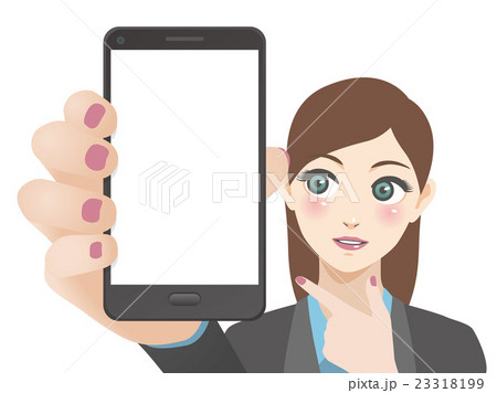 手に持ったスマホを指さす女性のイラスト素材