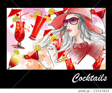 Young pretty woman with hat having a cocktail Young pretty woman with hat having a cocktail 23337833