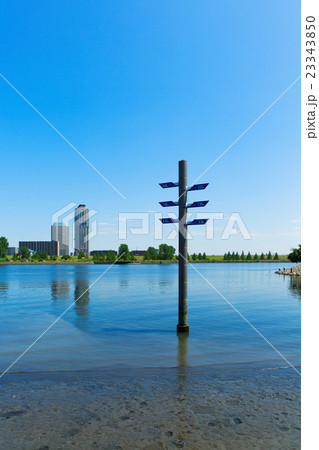 青空が広がる荒川の川原と川口元郷の住宅街 青空が広がる荒川の川原と川口元郷の住宅街 23343850