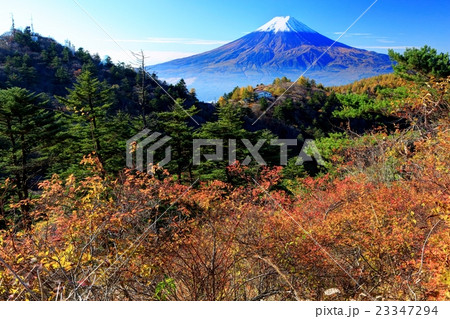 秋の三ツ峠・御巣鷹山から見る山小屋と富士山 秋の三ツ峠・御巣鷹山から見る山小屋と富士山 23347294