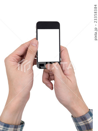 Male hands holding a mobile phone Male hands holding a mobile phone 23358384
