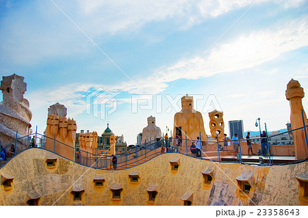 Roof and chimneys and tourists at Casa Mila Roof and chimneys and tourists at Casa Mila 23358643