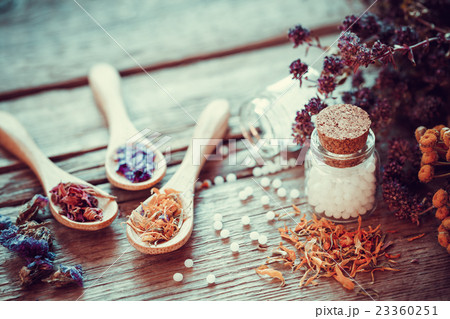 Homeopathy globules, wooden spoons and herbs Homeopathy globules, wooden spoons and herbs 23360251
