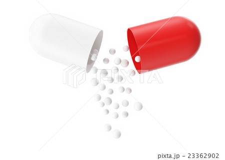 Opened red white pill capsule with white granules Opened red white pill capsule with white granules 23362902