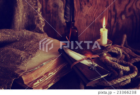 retro objects feather and leaher book with candle light 23366238