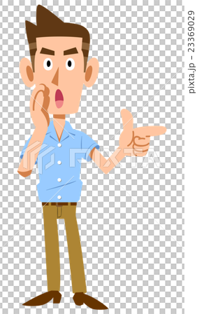 A young man with a short-sleeved shirt fingers and whispers 23369029