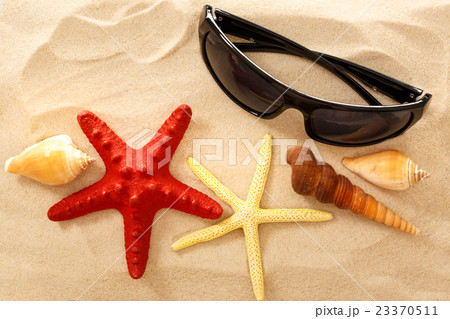 Sunglasses, seastar and seashells in sand 23370511