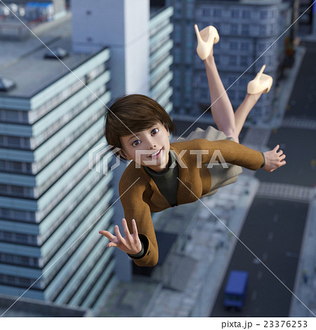 都会の空を飛ぶ若い女性　perming3DCGイラスト素材 23376253