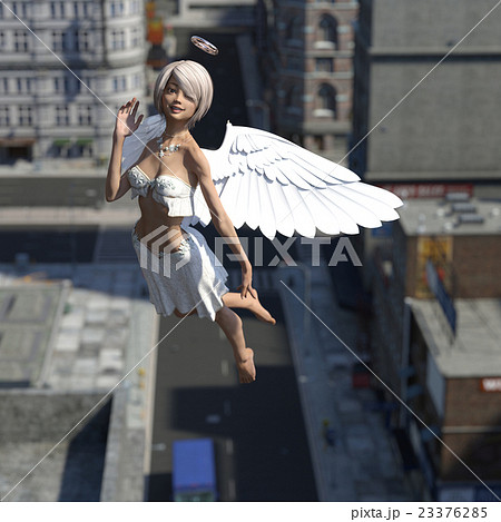 都会の空を飛ぶ天使 Perming3dcgイラスト素材のイラスト素材