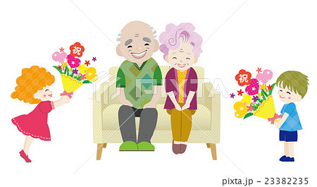 ソファに座る老夫婦に花束を渡すのイラスト素材 23382235 Pixta