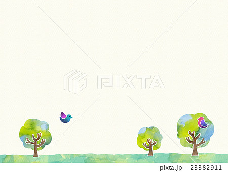 木と鳥 水彩 紙背景 のイラスト素材