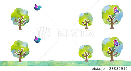 木と鳥 水彩 背景透過 のイラスト素材