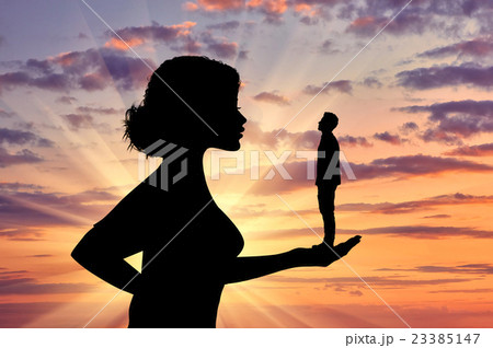 Silhouette feminist holding a small man. Silhouette feminist holding a small man. 23385147