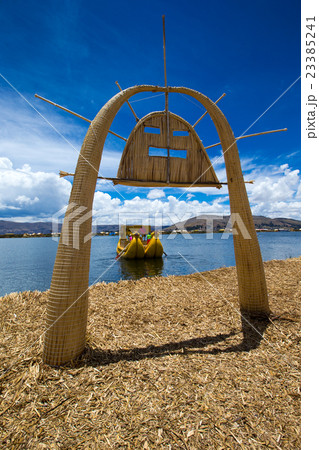 Totora boat on the Titicaca lake near Puno, Peru 23385241
